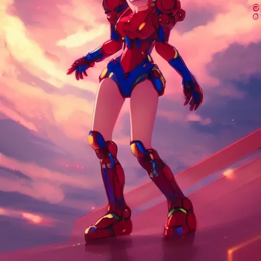 Image similar to digital anime art, very small cute girl on a large table, red mech arms and red mech legs, blue watery eyes!!!, short gold hair!!!, red bikini, full body!!!, wlop, rossdraws