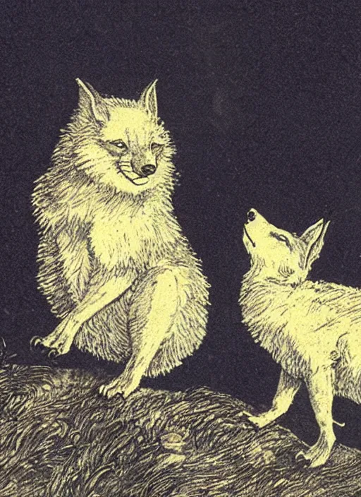 Prompt: howling at the moon, illustrated by peggy fortnum and beatrix potter and sir john tenniel