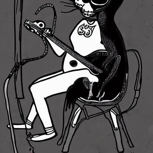 Image similar to skeleton wearing headphones watching girl playing guitar with her black cat standing next to her, digital art