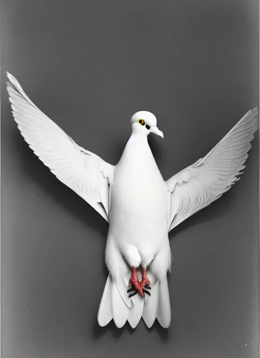 Prompt: realistic photo of white pigeon with 6 wings, front view, grain 1 9 9 0, life magazine reportage photo, metropolitan museum photo