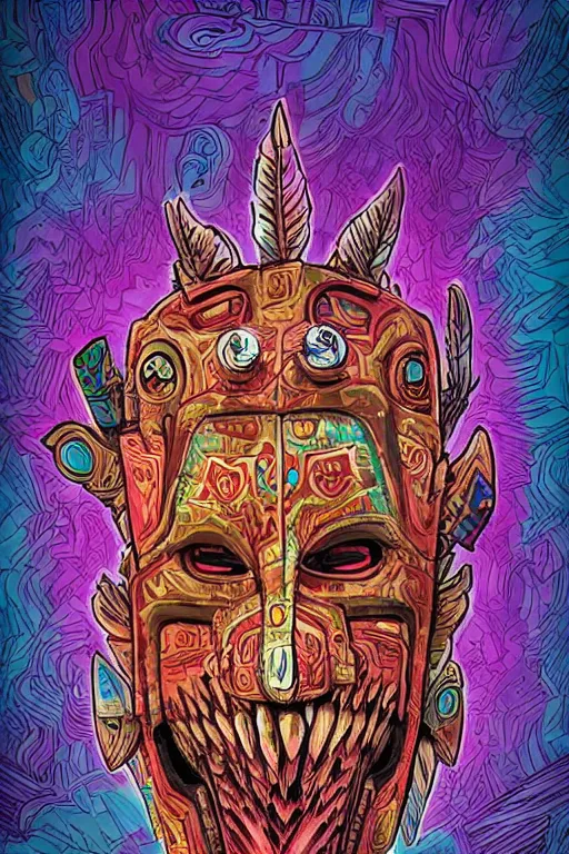 Image similar to totem animal tribal chaman vodoo mask feather gemstone plant video game illustration vivid color borderlands by josan gonzales and dan mumford radiating a glowing aura