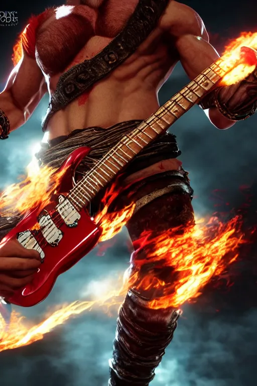 Prompt: kratos rocking out on a flaming stratocaster guitar, cinematic render, god of war 2 0 1 8, playstation studios official media, lightning, flames, red stripe, red stripe, clear, coherent