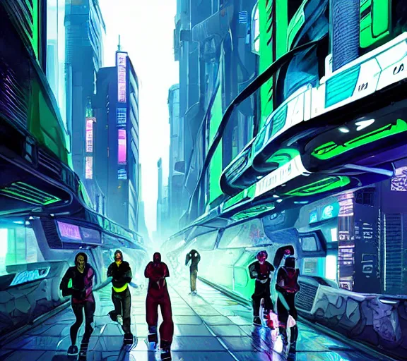 Prompt: cyberpunk netrunners, street level