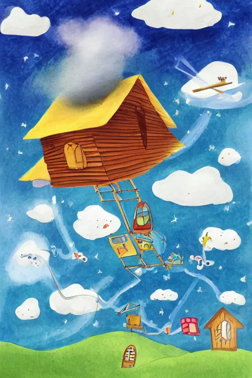 Prompt: a children's book illustration of an adventure cabin flying through the clouds