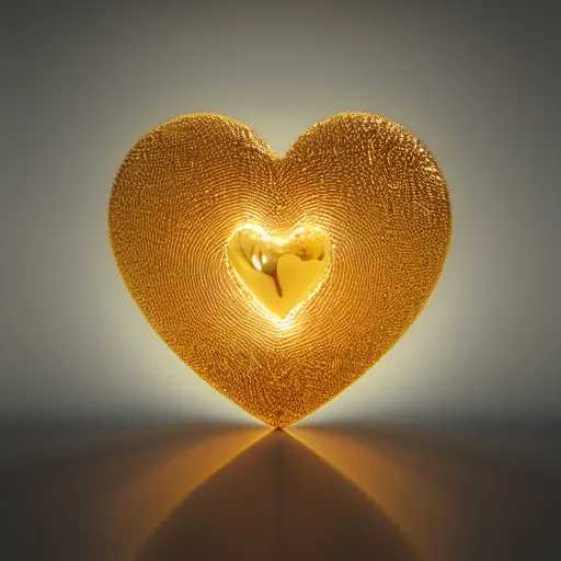 Prompt: golden heart radiating light, octane render, hd,