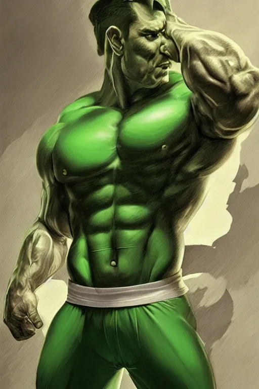 Image similar to muscular luigi wearing a green jumpsuit by ilya kuvshinov, bodybuilder ernest khalimov, super mario bros symmetrical face concept art, hyper realistic, intricate, elegent, highly detailed, digital painting, concept art, smooth, sharp, focus, illustration, art by artgerm and greg rutkowski and alphonse mucha, artstation