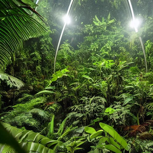 Prompt: photo of a beautiful rainforest habitat in a dome on the moon