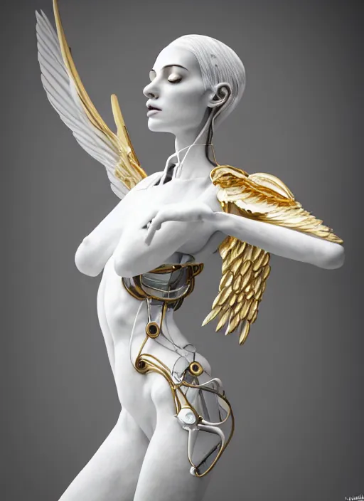 Image similar to a statue made of white marble with gold veins, of an beautiful gorgeous futuristic cybernetic angel girl, prostheses, transhumanism, full body shot, perfect symmetrical body, perfect symmetrical face, hyper realistic, hyper detailed, by johannen voss, by peter kemp, by monia merlo, by michelangelo, octane render, blender, 8 k