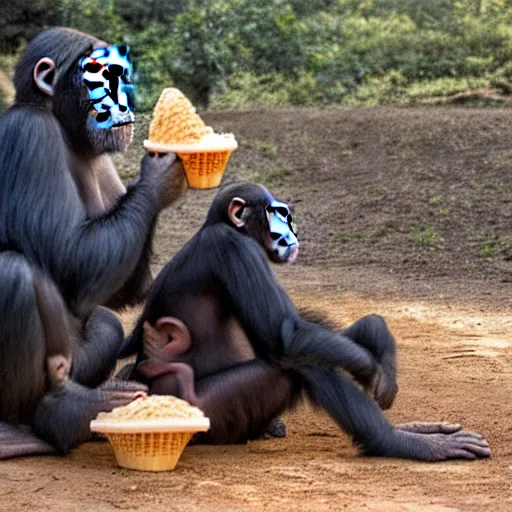 Image similar to a dslr 3 5 mm f 2 chimpanzee photograph of two chimpanzees!!! worshiping a giant ice cream cone sent by aliens that chimpanzees are worshiping, at dawn.