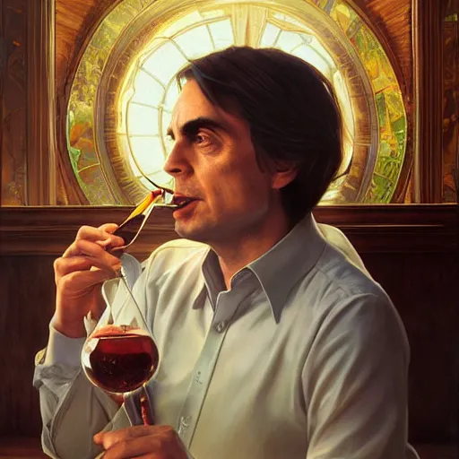 Image similar to portrait painting of carl sagan drinking a martini, ultra realistic, concept art, intricate details, serious, highly detailed, photorealistic, octane render, 8 k, unreal engine. art by artgerm and greg rutkowski and alphonse mucha