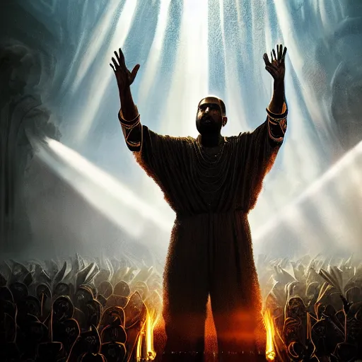 Image similar to Portrait of Kanye West as the god-emperor of mankind, amazing splashscreen artwork, splash art, natural light, elegant, intricate, fantasy, atmospheric lighting, cinematic, matte painting