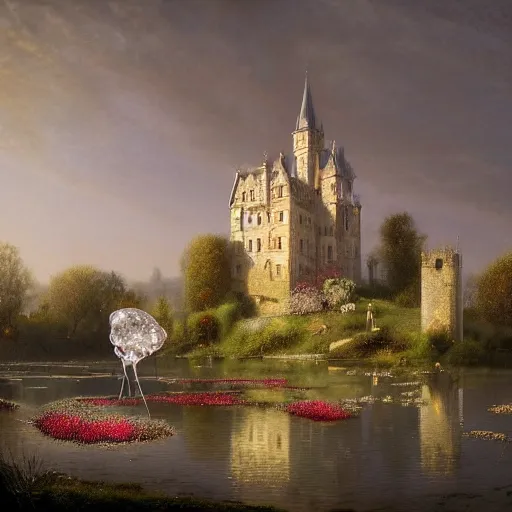 Image similar to Glittering jellyfish are flying over the sparkling pond, behind the flowers on the shore is a gothic castle, and an ice sculpture castle can be seen in the sky by appointment, by Daniel Ridgway Knights and Hugh Kretschmer, light through the mist, dramatic lighting, photorealistic, cinematic lighting, high detail, cinematic feel, high octane, 4K, Unreal Engine, digital render, intricate, ultra realistic, trending on artstation W 1024