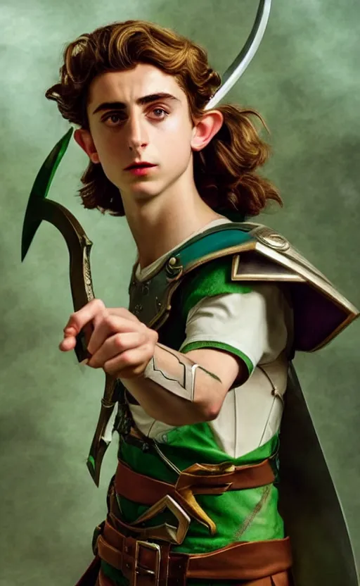 Prompt: Timothee Chalamet as Link from Legend of Zelda, elf ears, long blonde hair, +++ super super super dynamic posing, j.c. leyendecker, Valentina Remenar, thick eyebrows, super serious facial expression, holding a sword & shield, ocarina of time movie, concept photos, dynamic lighting, dynamic shaders