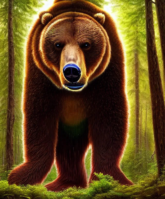 Image similar to a realistic brown bear, walking through a psychedelic forest, wide angle landscape shot, pixar style by tristan eaton, artgerm and tom bagshaw