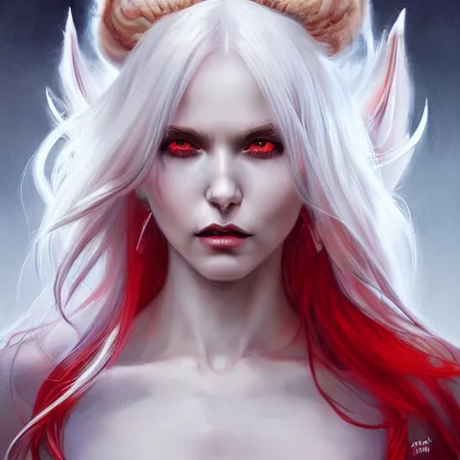 Image similar to ultra realistic illustration, dream humanoid demon girl with white hair, red horns, in white clothes, red eyes, intricate, elegant, highly detailed, digital painting, artstation, concept art, smooth, sharp focus, illustration, art by artgerm and greg rutkowski and alphonse mucha