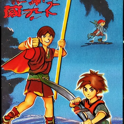 Image similar to 11-year-old boy with crazy hair holding scimitar, boy going on adventure, Nintendo Famicom boxart, 1987 video game boxart