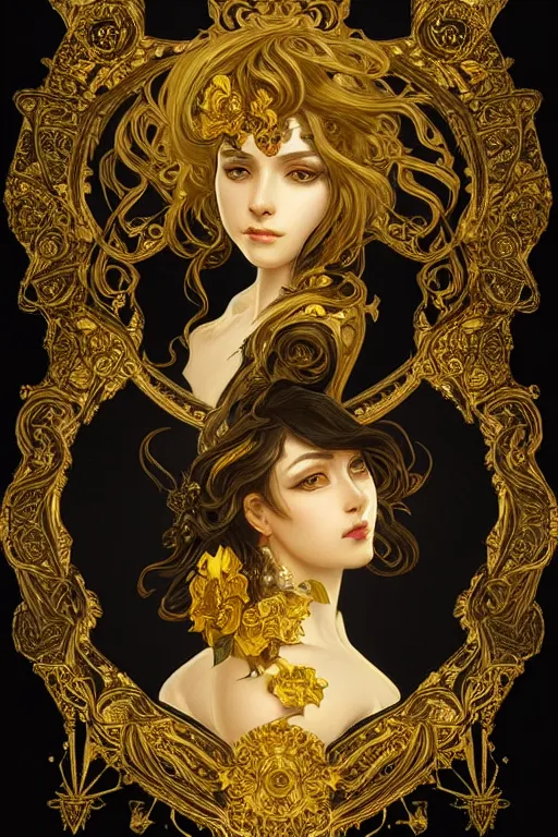 Image similar to beautiful black yellow, complicated gold baroque style decoration, dark fantasy, intricate, elegant, highly detailed, digital painting, artstation, concept art, matte, sharp focus, illustration, octane rendered, art by artgerm and alphonse mucha, leesha hannigan, ross tran