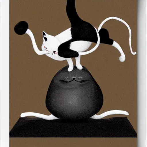 Prompt: highly detailed anthropomorphic chubby black cat doing yoga poses on long and thin scratchpost