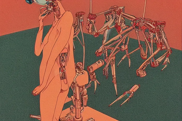 Prompt: gigantic mantises with human hands catch tiny robots, a lot of exotic mechas robots around, human heads everywhere, risograph by kawase hasui, edward hopper, satoshi kon and moebius, colorful flat surreal design, super - detailed, a lot of tiny details, fullshot