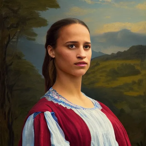 Prompt: portrait of Alicia Vikander wearing blue shirt and red 1850 dress, in the style of the Hudson River School