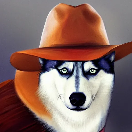 Prompt: a portrait painting of a husky in cowboy costume, wearing a cowboy hat, by studio ghibli, humanoid, personify, anthropomorphic, trending on artstation