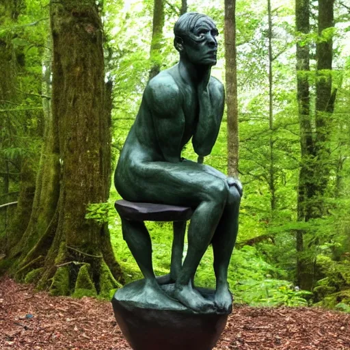 Image similar to The thinker sculpture in the style of William Bartram mushrooms at the base , placed in a lush forest