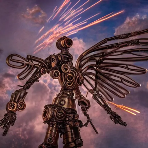 Image similar to a steampunk robotic angel with gun arms shooting, intense, extremely detailed, anime, sparks, clouds, sky, beautiful, sunny, copper, pipes, rusty, metal, cinematic lighting, sharp focus, copper wings,