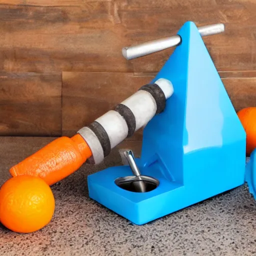 Image similar to blue goldberg machine containing a rocket and an orange