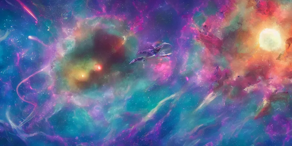 Image similar to painting of sea creatures swimming through space, sea turtles, sting rays whales, colorful nebulas, planets, 8 k resolution in the style of artem demura, moebius