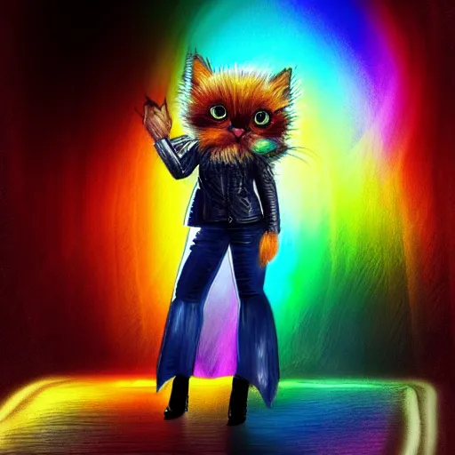 Image similar to wide angle full body, jacket wearing fluffy cute rainbow kitten wearing a black leather motorcycle jacket, cinematic concept art