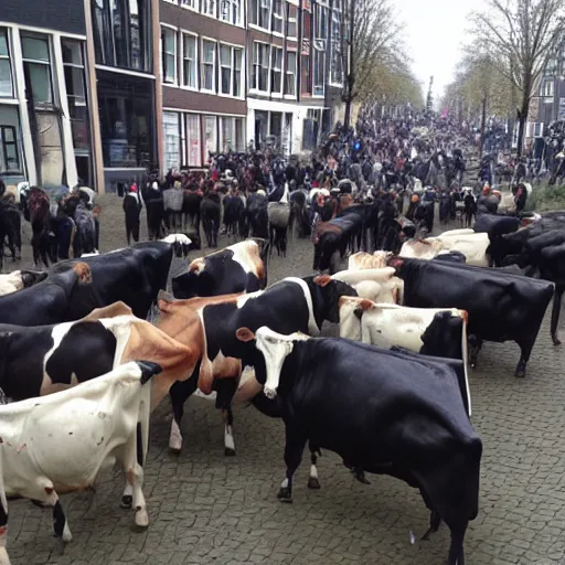 Prompt: cows rioting with farmers, amsterdam