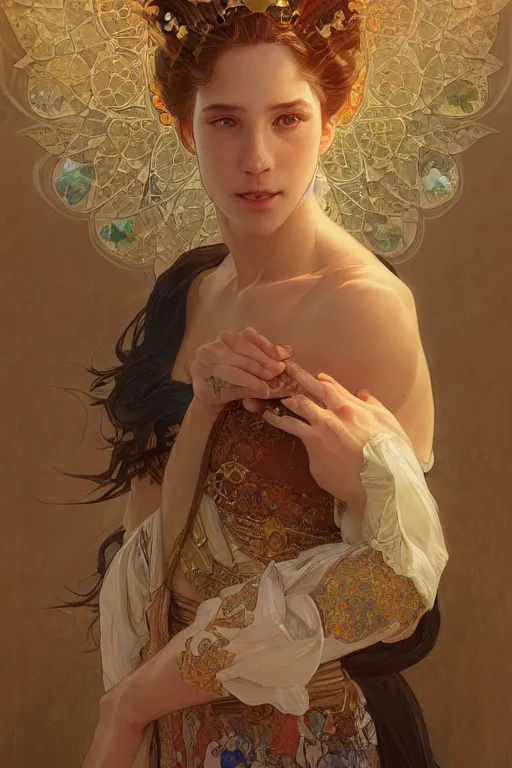 Image similar to the reign of a new princess in the shadow of a thousand suns, detailed digital portrait by artgerm and greg rutkowski and alphonse mucha