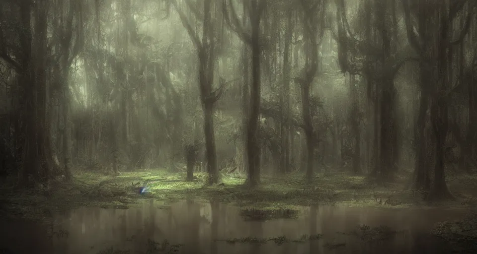 Image similar to A dense and dark enchanted forest with a swamp, by Ruan jia