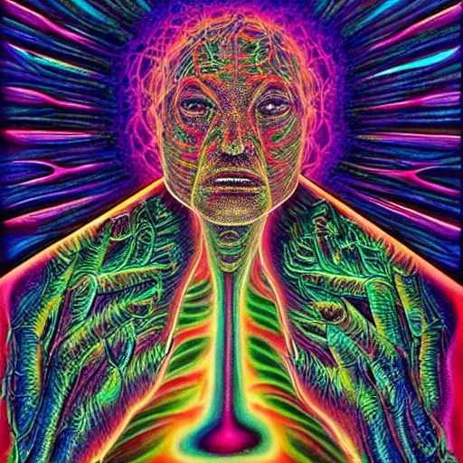 Image similar to Painting of human consciousness spilling from a vessel that is made of a holographic universal mind. By Alex Grey, Terence McKenna, and Adam Jones, Psychedelic . Part by Cameron Grey. masterpeice