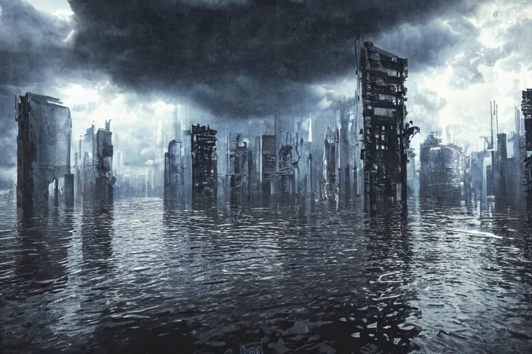 Prompt: flooded cyberpunk city ruins stormy sky