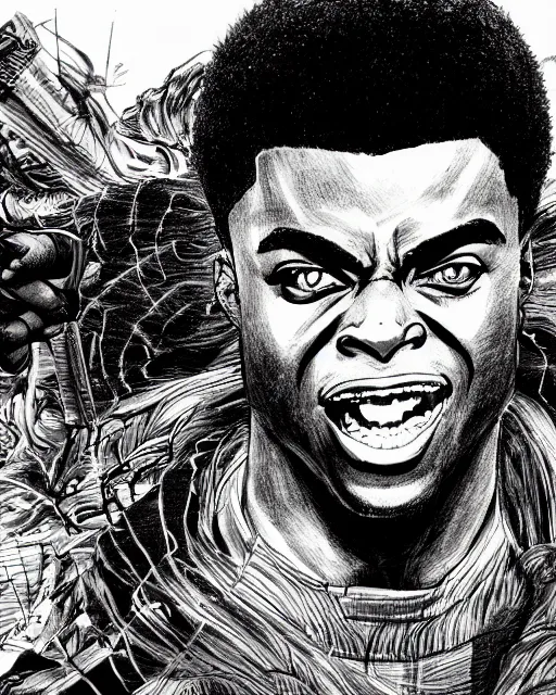 Image similar to a very detailed pencil drawing of kodak black in demon slayer manga panel, action lines, greg rutkowski, in field high resolution, dynamic pose, landscape, medium portrait, action, hyper realistic, manga, koyoharu gotouge, sakuga