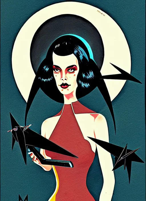 Image similar to retro dark vintage sci - fi : : 2 d matte dark gouache illustration : : dark empress of the pterodactyls