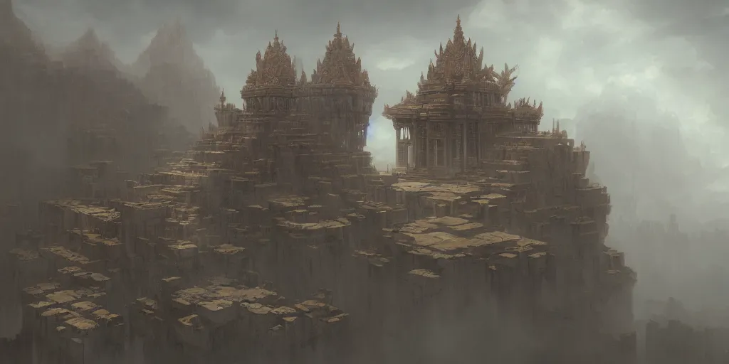 Image similar to orthographic projection | | a temple in the clouds, by greg rutkowski and james gurney, trending on artstation