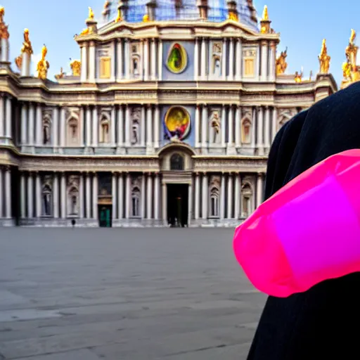 Prompt: artistic photograph of a man showing middle finger with color condom on it from behind by ai weiwei, st peter's basilica slighly out of focus in background