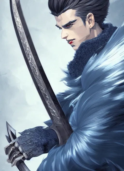 Image similar to a highly detailed illustration of fierce young short slick back white haired man wearing dark blue coat, bright blue eyes, dramatic wielding katana pose, intricate, elegant, highly detailed, centered, digital painting, artstation, concept art, smooth, sharp focus, league of legends concept art, wlop