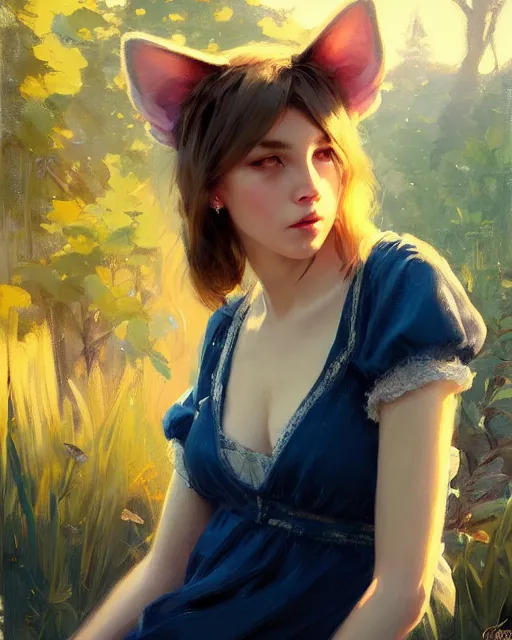 Image similar to a potrait of a girl with small cat ears, fine details. night setting. realistic shaded lighting poster by craig mullism, artgerm, jeremy lipkin and michael garmash, unreal engine, radiant light, detailed and intricate environment, digital art, trending on art station