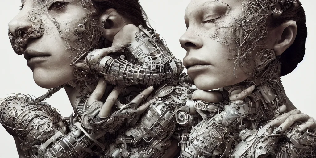 Prompt: hyperrealistic photography of a highly intricate, stunning cyborg female, elbow, armpit, knee, intimate, hands holding in the style of beth cavener, jin kagetsu, chuck close, and wlop, highly detailed, face, eyes closed, symmetry, masterpiece, award - winning, sharp focus, concept art, ambient lighting, 8 k, artstation