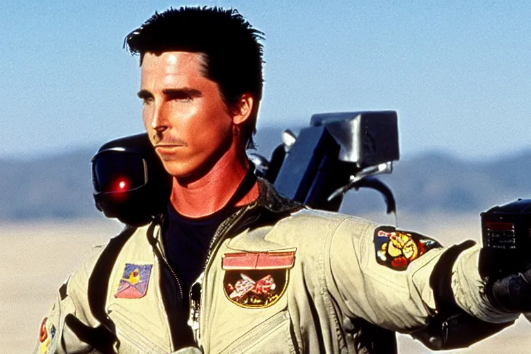 Image similar to film still of Christian Bale as Maverick in Top Gun 1986