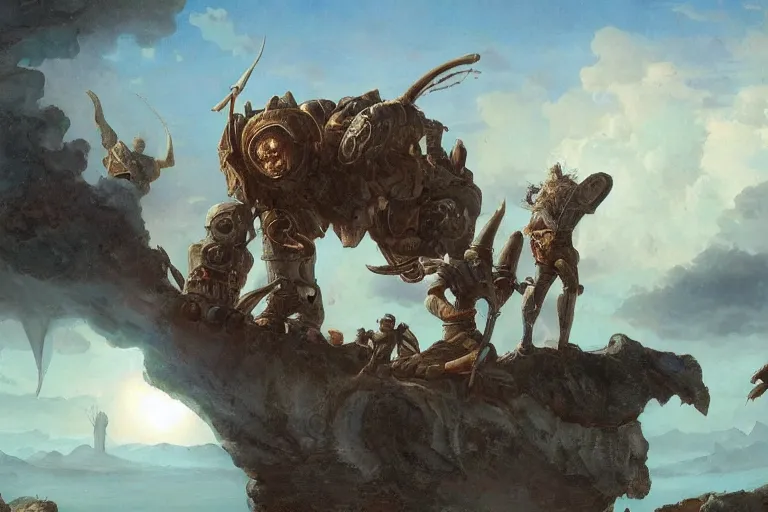 Prompt: a group of travelers see a Titan on the horizons, Fantasy Art