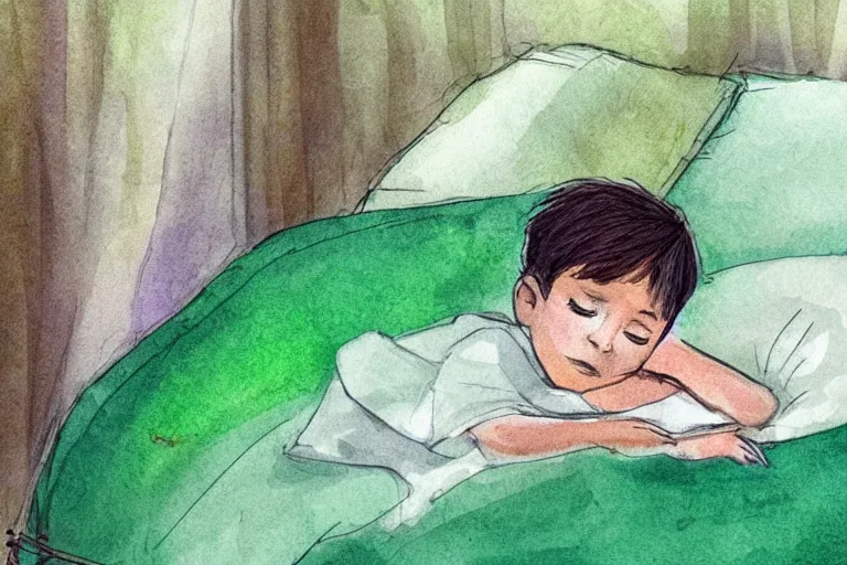 Prompt: a beautiful illustration of a little cute boy on his bed dreaming about a beautiful green forest, detailed face, beautiful colors, digital art