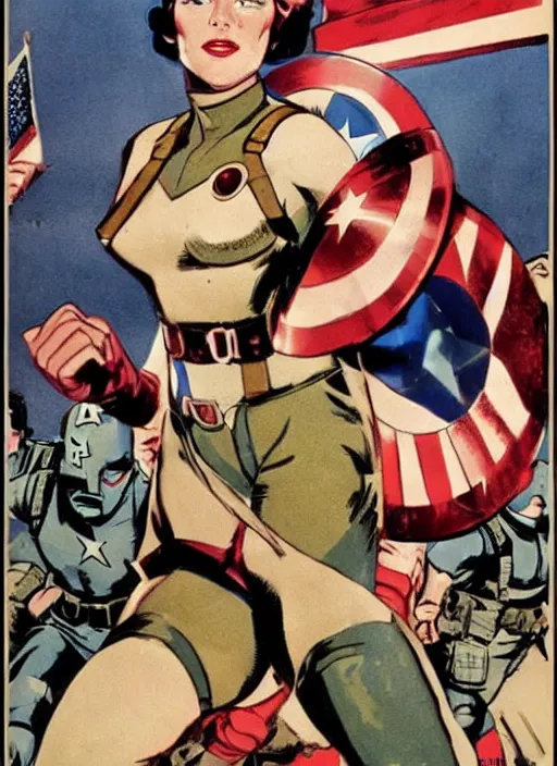 Image similar to beautiful female captain america standing on a pile of defeated, beaten and broken german soldiers. feminist captain america wins wwii. american wwii propaganda poster by james gurney. gorgeous face. overwatch. ralph bakshi and frank miller