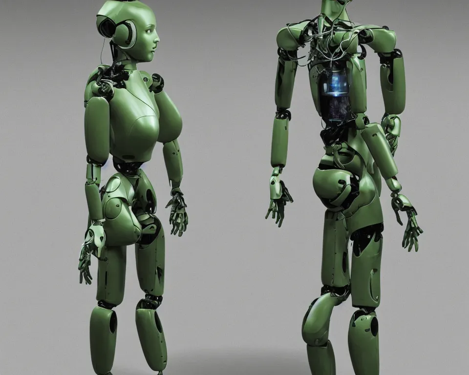 Prompt: posterior of a realistic humanoid female robot surrounded by green gas,