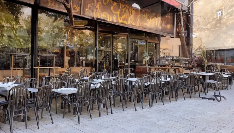 Prompt: a huge pile of chairs along outside the walls of the restaurant, hyperrealistic shaded