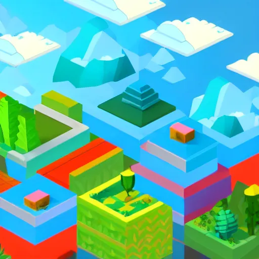 Image similar to an isometric colorful videogame world, epic mountains, azure ocean in the background, blocks