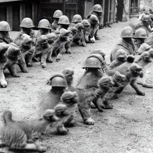 Prompt: a platoon of WWII war kittens with helmets and guns